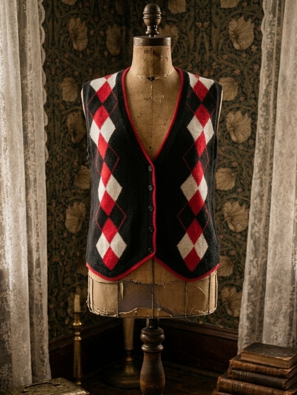 Vintage Argyle Button-Up Sweater Vest – Black/Red/Cream – Sleeveless
